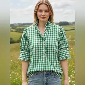 Sage Vell Grid Smart Ruffles Trim Puff Sleeve Blouse M